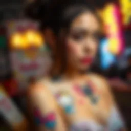 A vibrant collection of Sanrio character temporary tattoos displayed artistically.