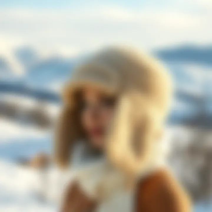 Luxurious sherpa hat with ear flaps on a snowy landscape