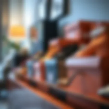 Stylish shoe boxes neatly lined up on a shelf, enhancing room decor