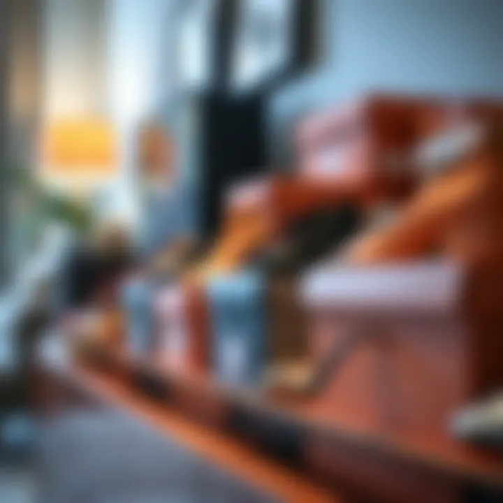 Stylish shoe boxes neatly lined up on a shelf, enhancing room decor