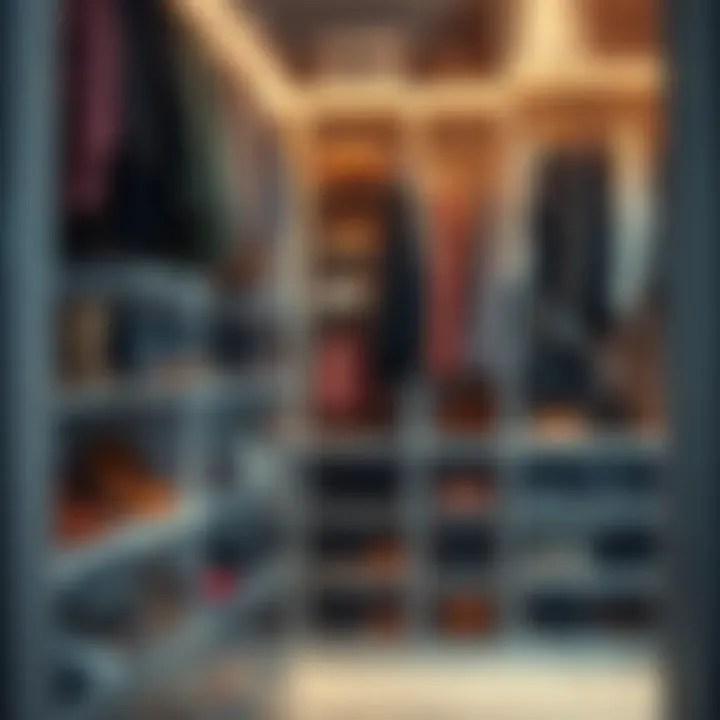 A well-organized closet featuring transparent shoe boxes for easy visibility