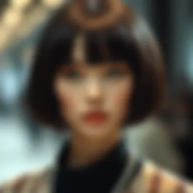 A stylish model showcasing a sleek bob wig with bangs