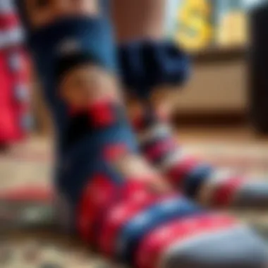 Close-up of personalized socks with family photos