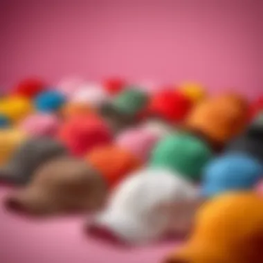 Artistic Representation of Solid Color Ball Caps An array of solid color ball caps arranged artistically against a vibrant background