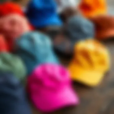 Diverse Palette of Solid Color Ball Caps A collection of solid color ball caps displayed on a rustic wooden surface