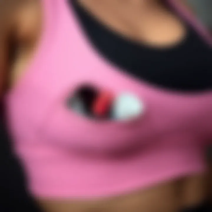 Close-up of a zipper pocket in a sports bra revealing essentials