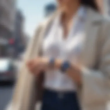 Navy blue bracelet paired with casual outfit.