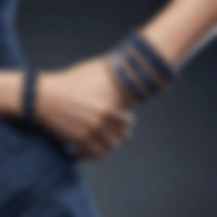 Close-up of various navy blue bracelet designs.