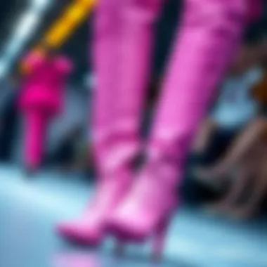 Close-up of pink thigh boots showcasing intricate design details