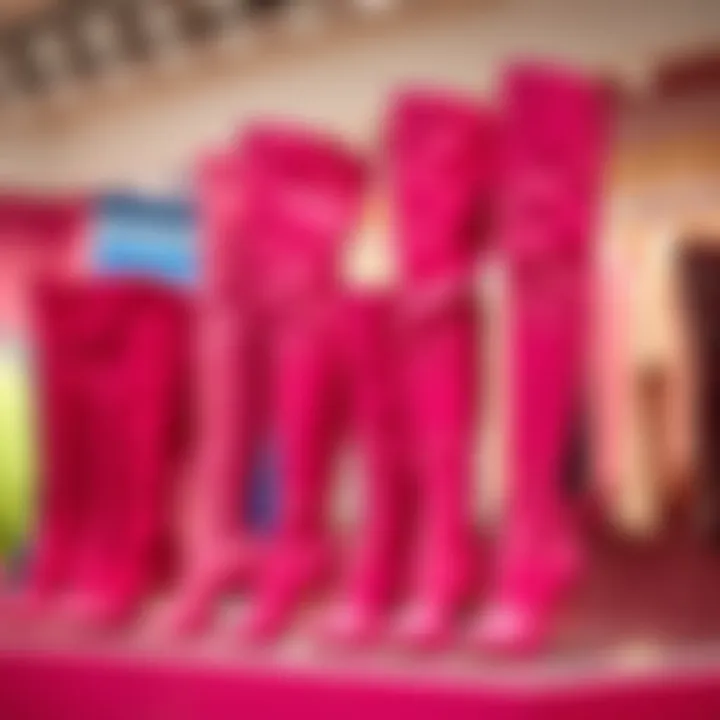 A variety of pink thigh boots on display in a fashion boutique