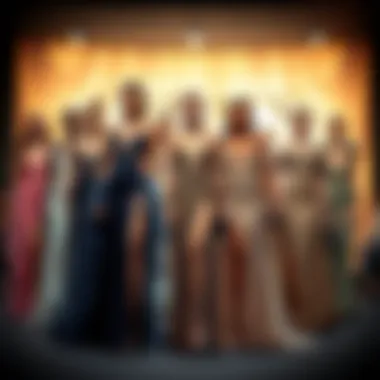 Diverse styles of high slit gowns displayed together