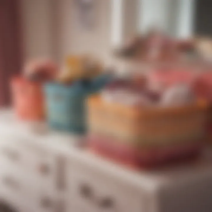 Colorful fabric storage baskets arranged on a vanity.