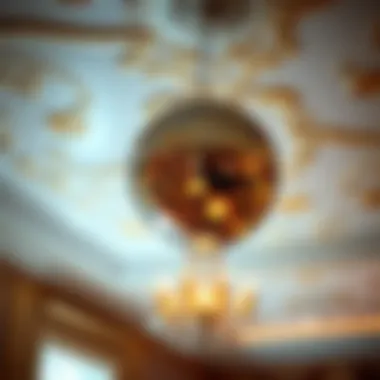 A vintage disco ball hanging from a beautifully decorated ceiling