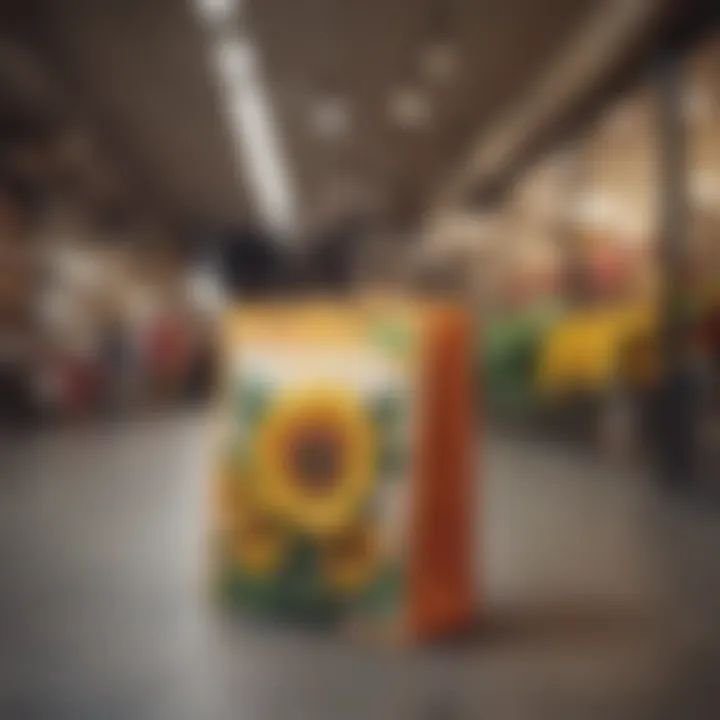 Vibrant sunflower reusable shopping bags displayed in a modern retail setting