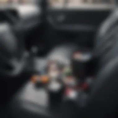 Organized car interior with tiny trash can