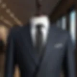 A classic solid suit displayed on a tailored mannequin, showcasing its timeless design.