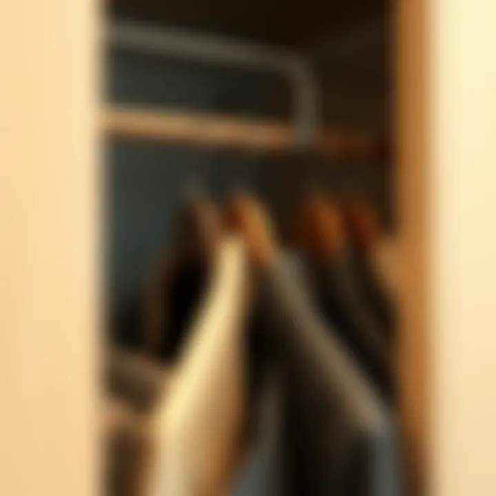 Neatly organized wardrobe featuring clips for pants hangers.