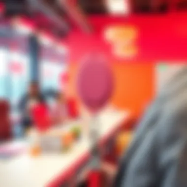 Pink badge reel being used in a vibrant workplace environment