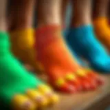 Elegant toe separator socks displayed in various colors.