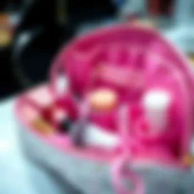 Organized interior of a double zip makeup bag showcasing compartments