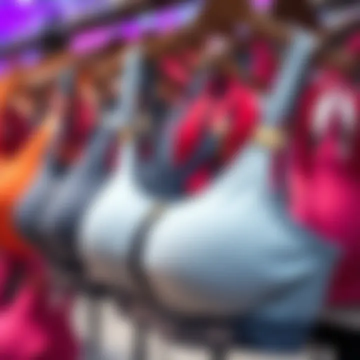 Variety of sports bras with zipper pockets on display