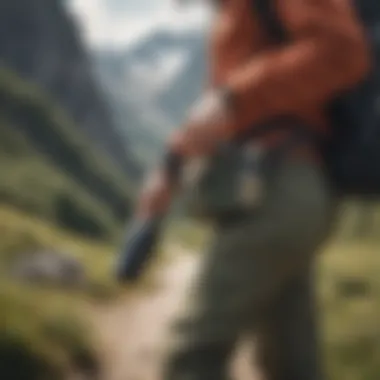 An individual using a waist pack bottle holder during a hike